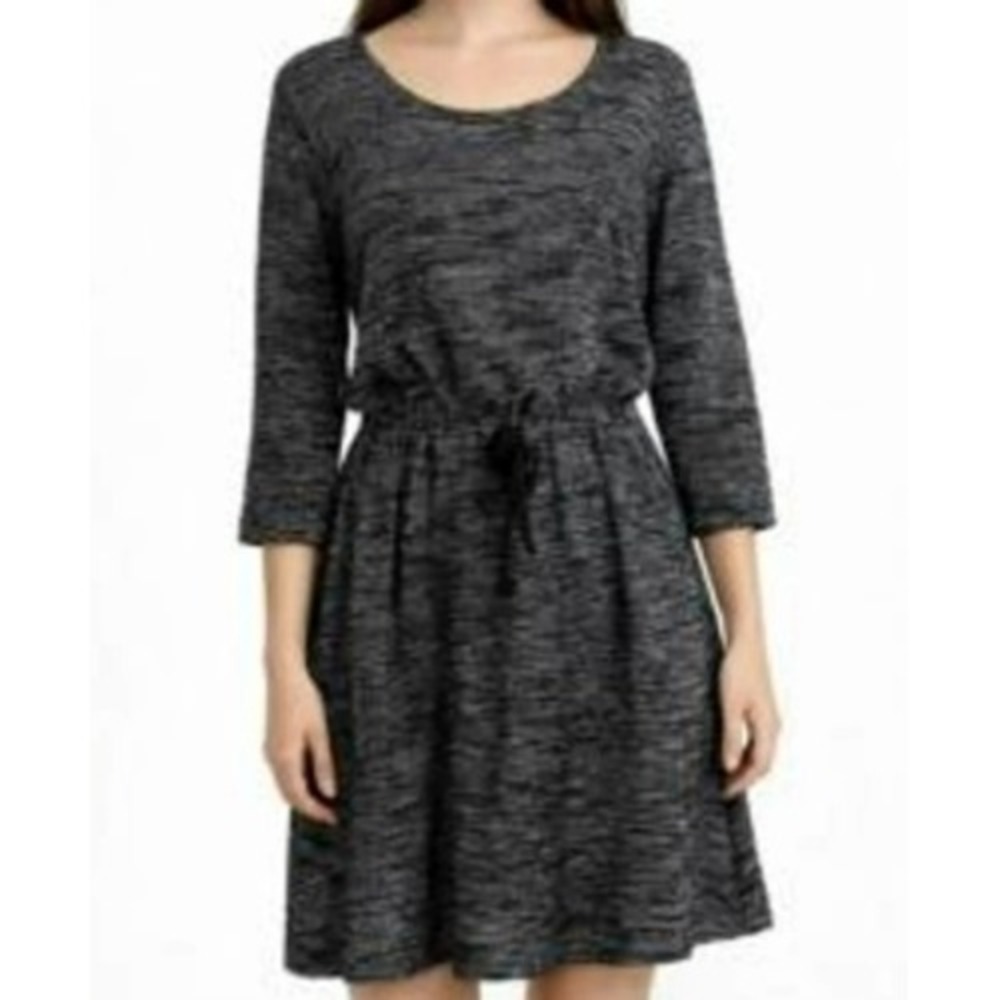 ANN TAYLOR LOFT Women XS Gray Marled Knit Midi Dress Drawstring Waist 3/4 Sleeve